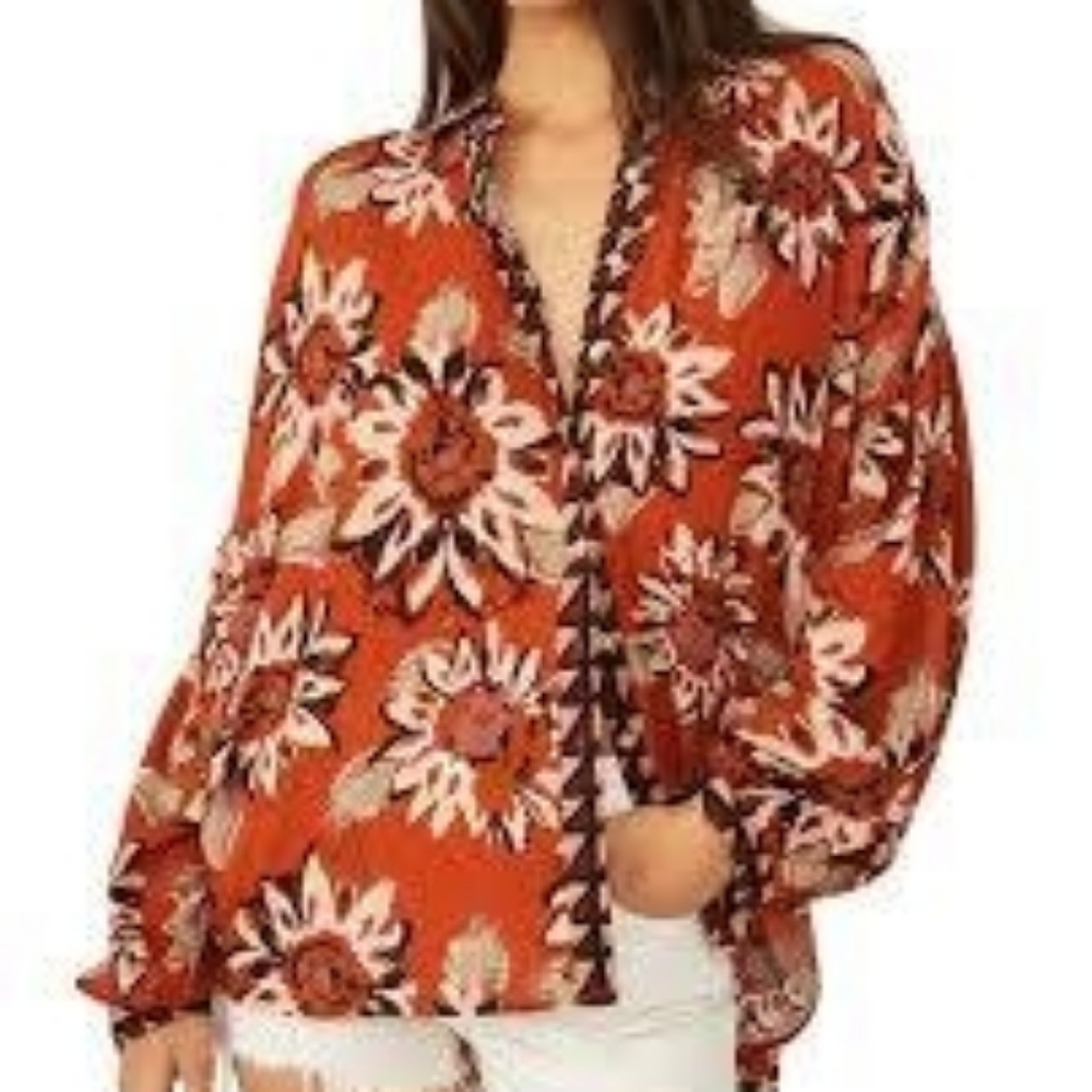 Free People Good Vibrations Printed Blouse (S, Light Combo (Orange))